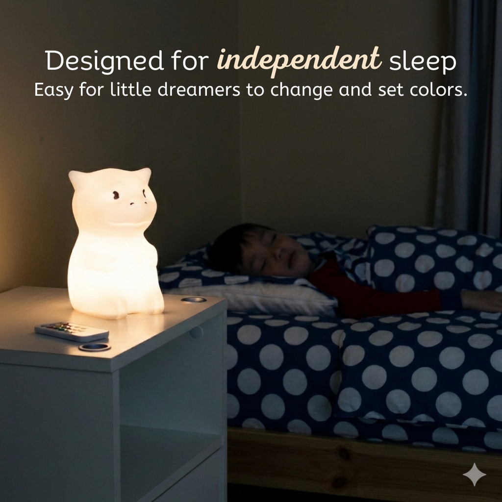 Warm glow silicone night light dragon on a bedside table
