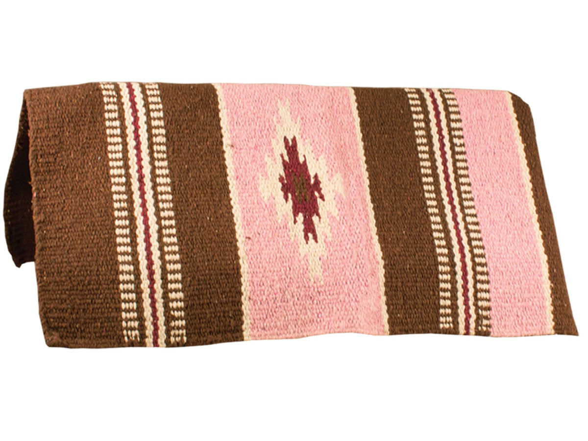 Western saddle blanket in brown and pink with white striped bands and center star motif