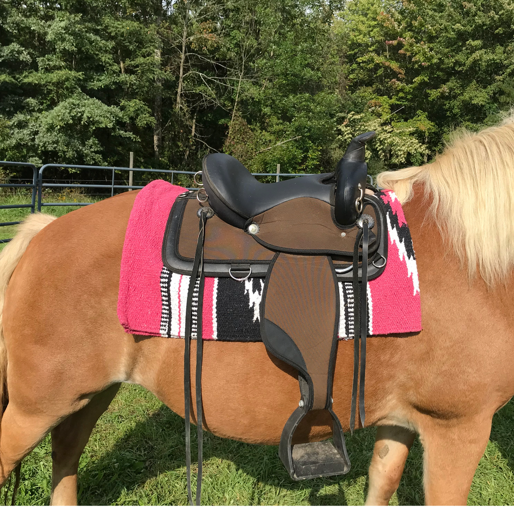 Western saddle blanket on horse saddle, pink and black with white striped star design