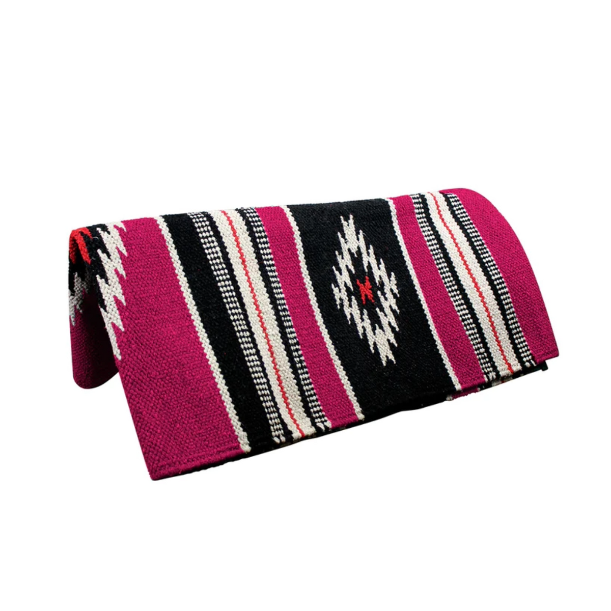 Western saddle blanket, black and pink striped design with white geometric center motif