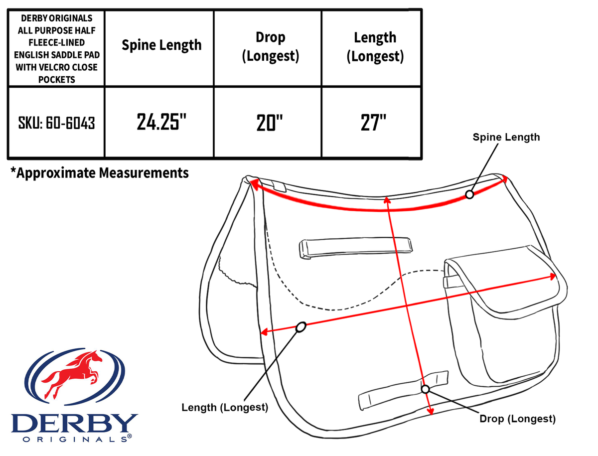 Illustrated English saddle pad showing spine length, drop, and overall measurements