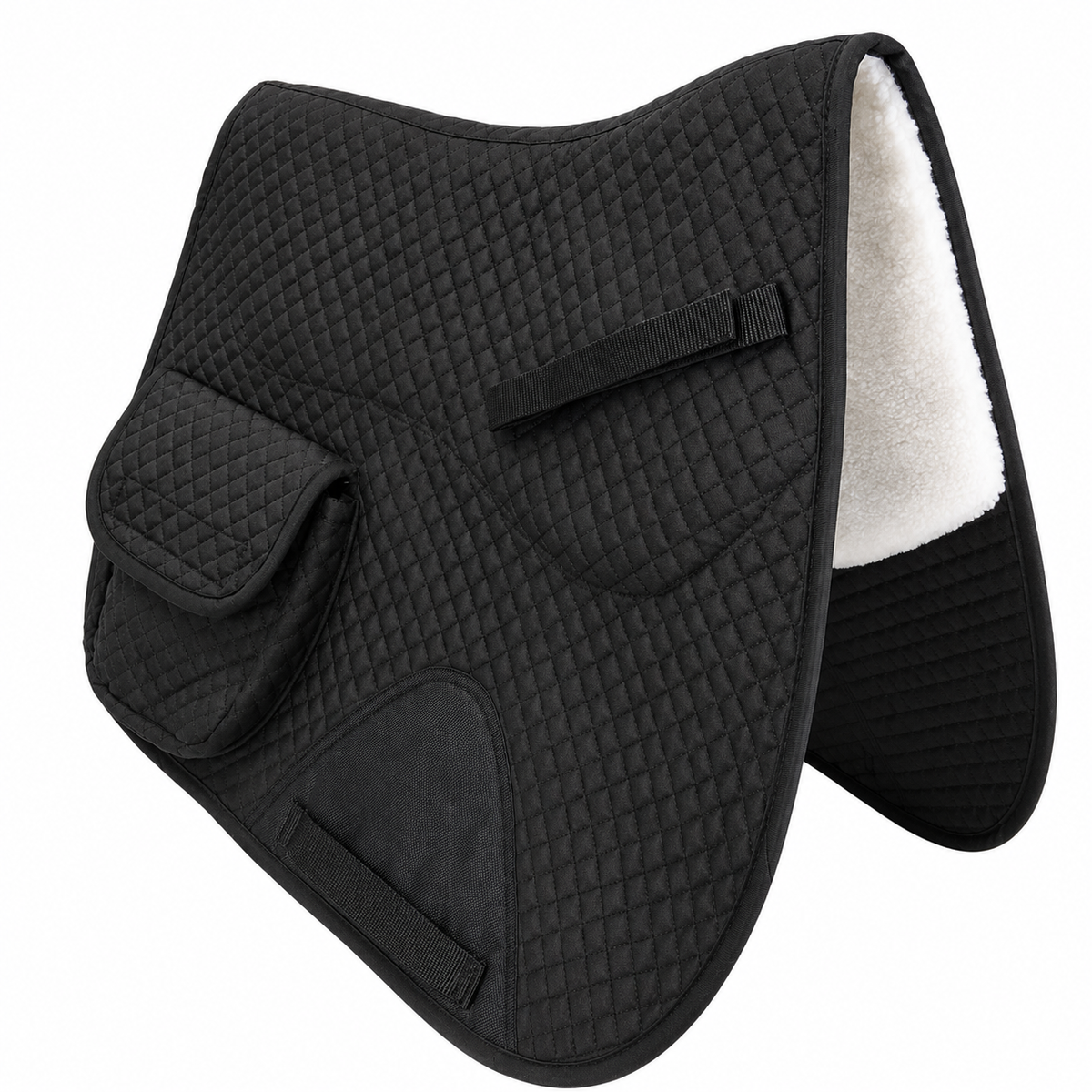 Black English saddle pad with two front pockets and white half fleece lining