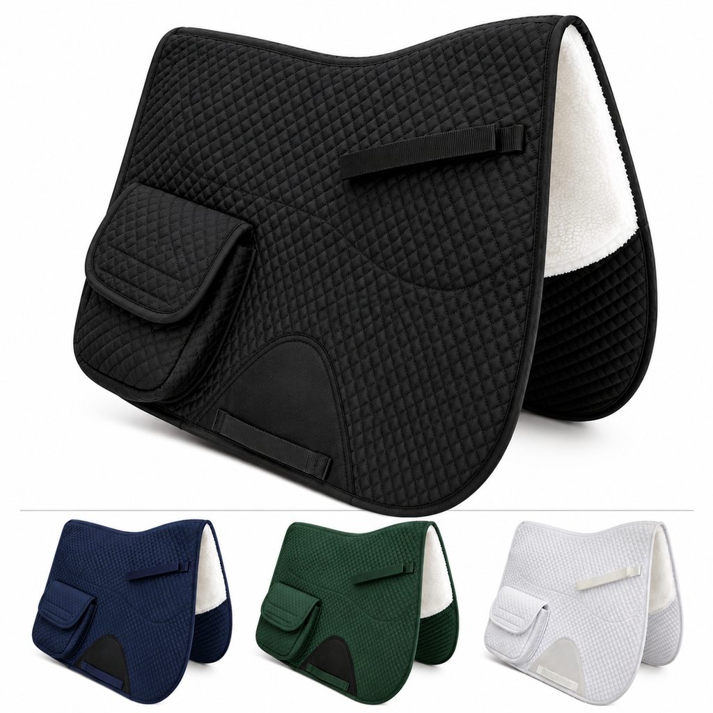 Black English saddle pad with two front pockets and white half fleece lining