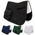 Black English saddle pad with two front pockets and white half fleece lining