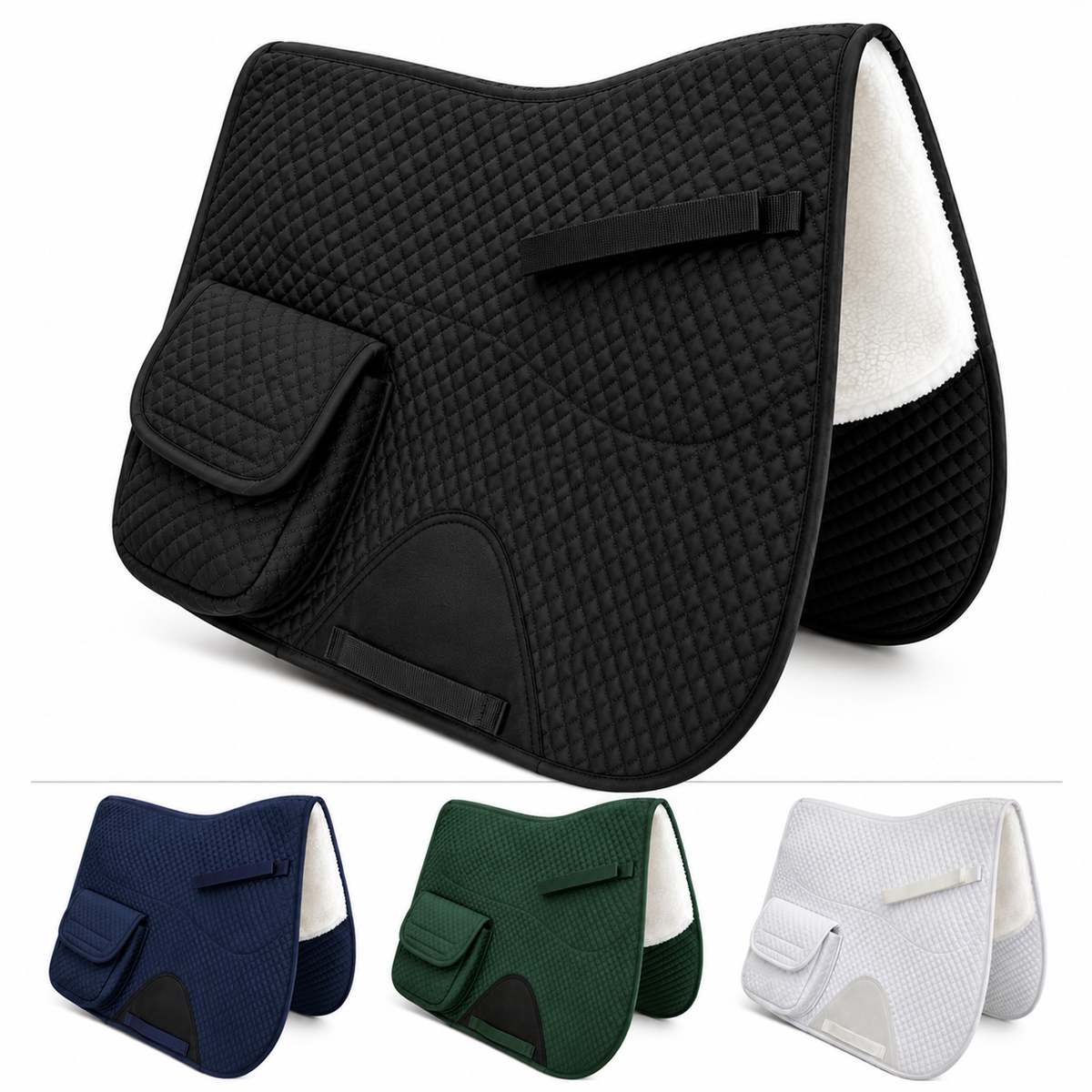 Black English saddle pad with two front pockets and white half fleece lining