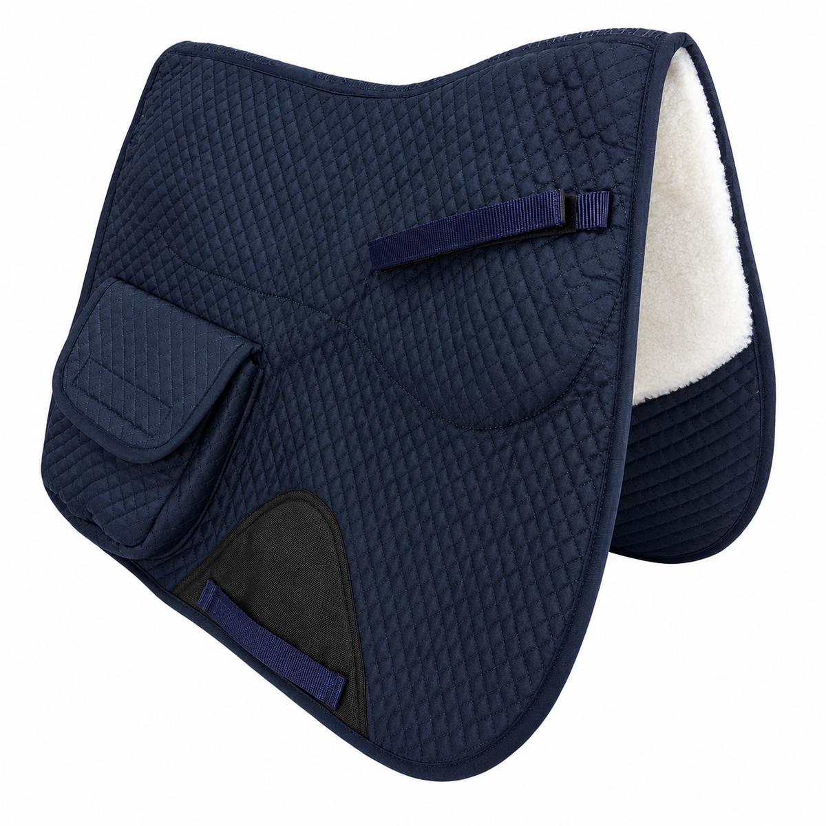 Navy English saddle pad with two front pockets and white half fleece lining
