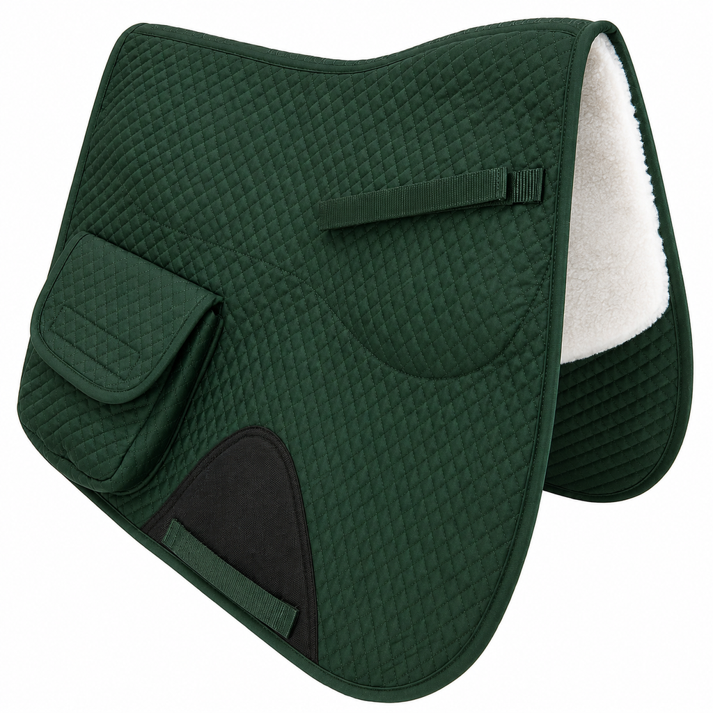 Hunter green English saddle pad with two front pockets and white half fleece lining