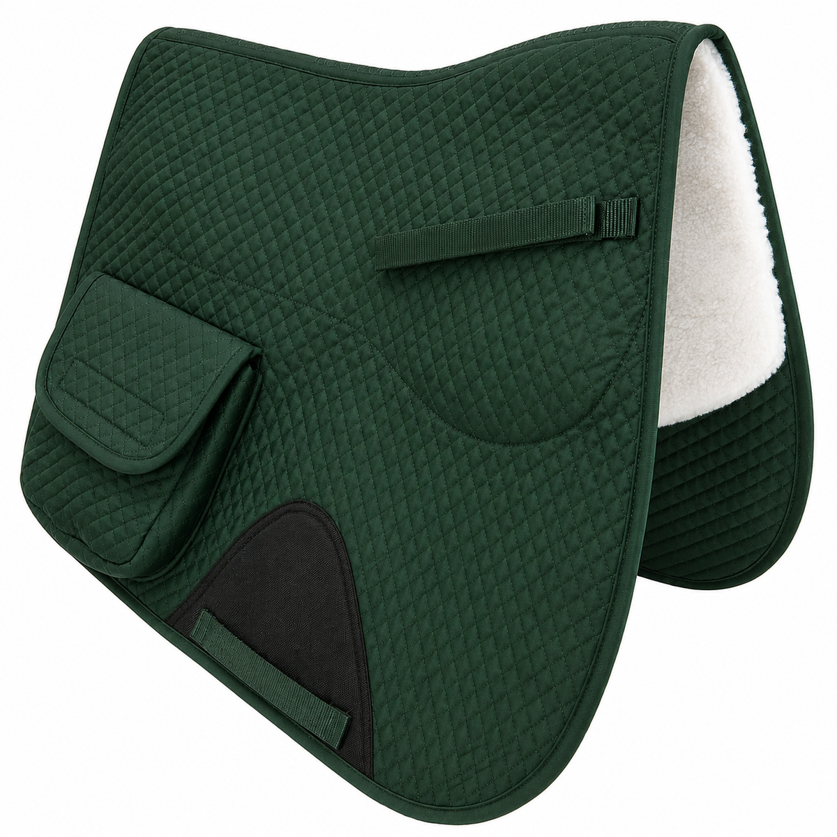Hunter green English saddle pad with two front pockets and white half fleece lining