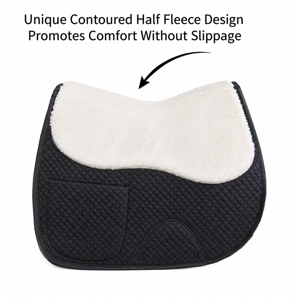 Black English saddle pad with contoured half fleece lining along the top panel