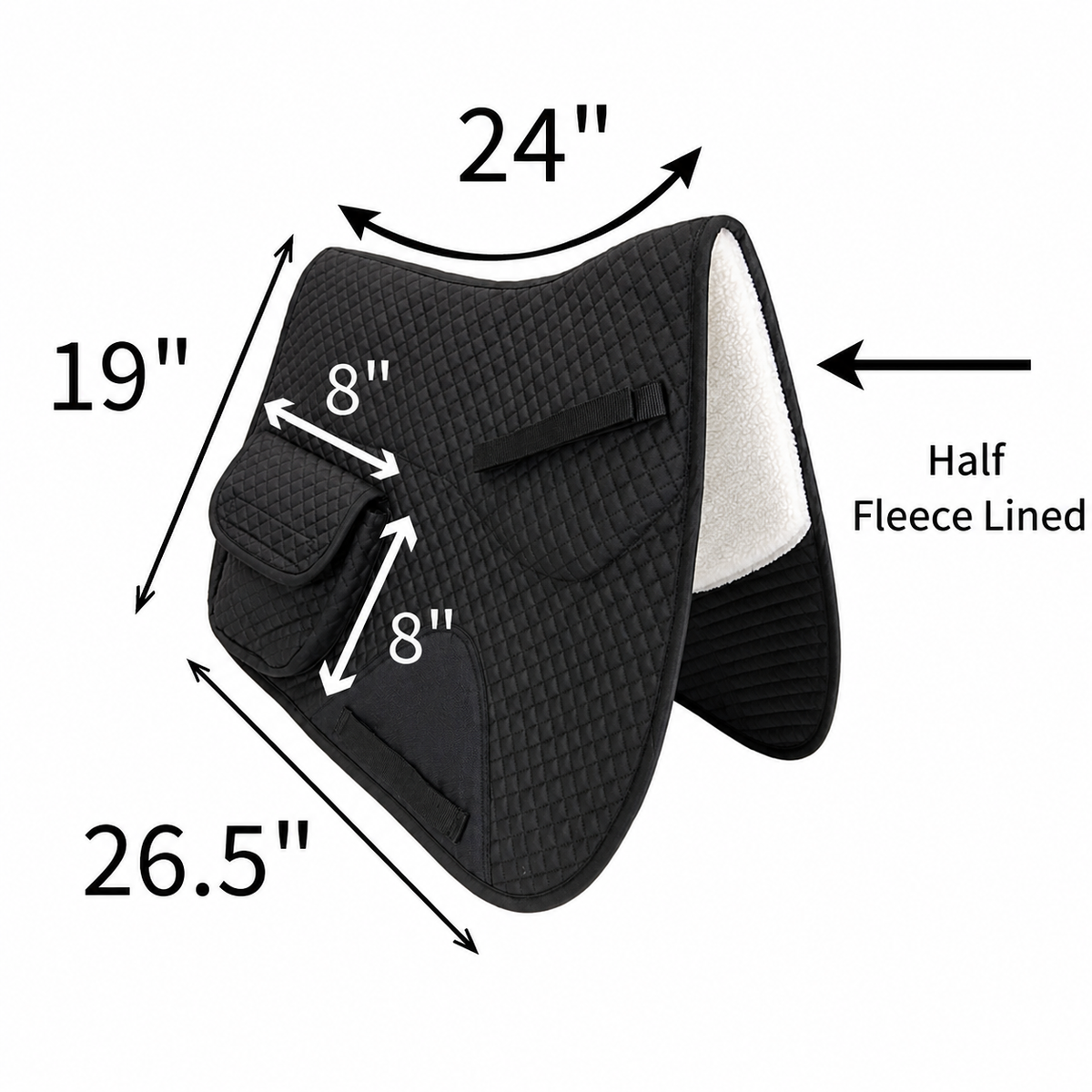 Black English saddle pad with half fleece lining and side pocket; size diagram with inches