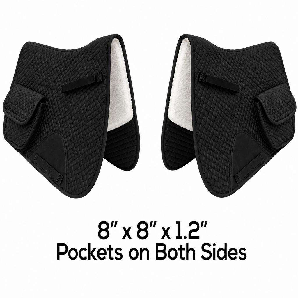 Black English saddle pad set with half fleece lining and side pocket flaps
