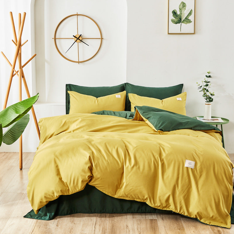 Yellow and green bedding set with matching pillowcases and duvet cover