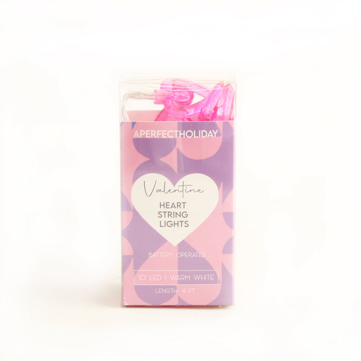 Valentine heart string lights retail box showing 10 LED warm white heart lights