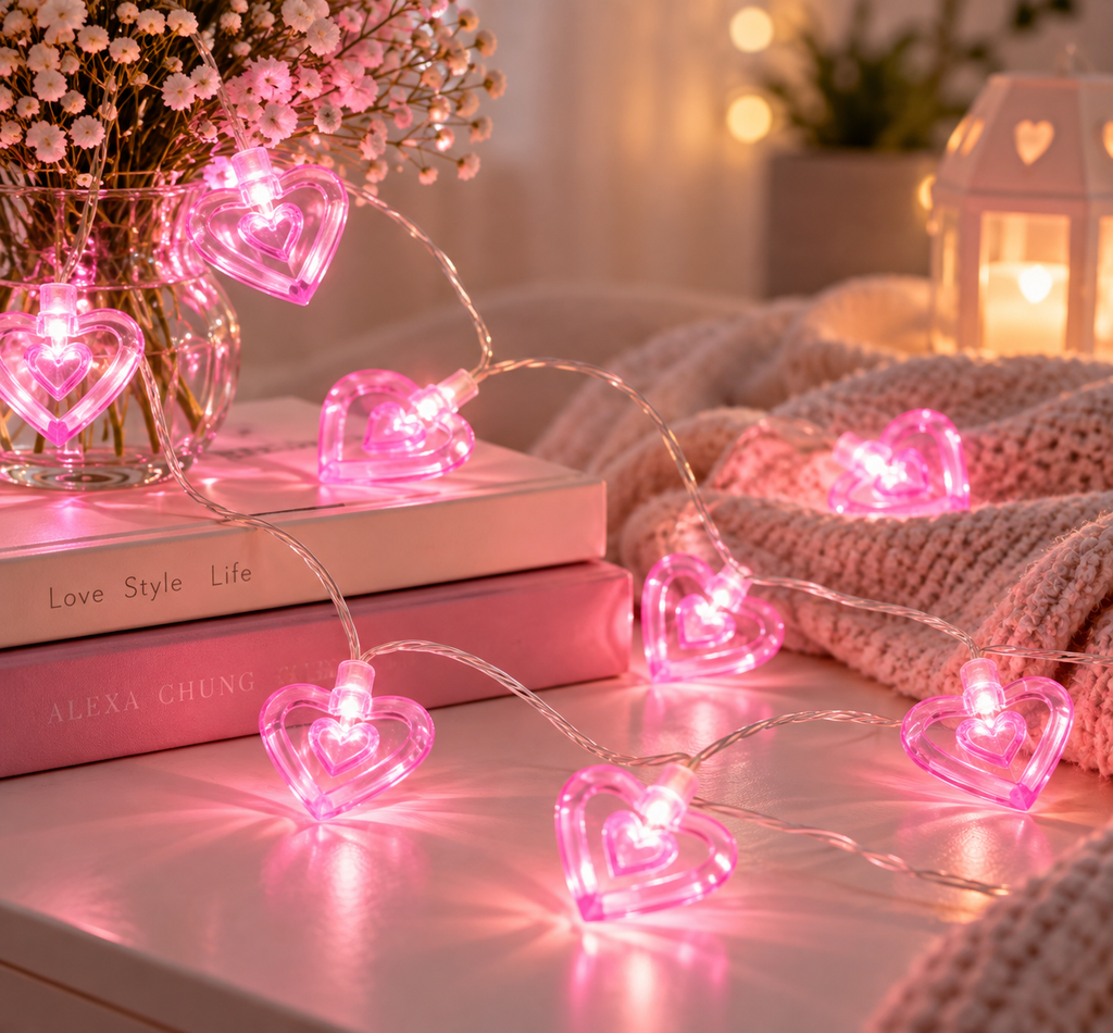 Pink LED heart string lights with small heart bulbs on a clear wire strand