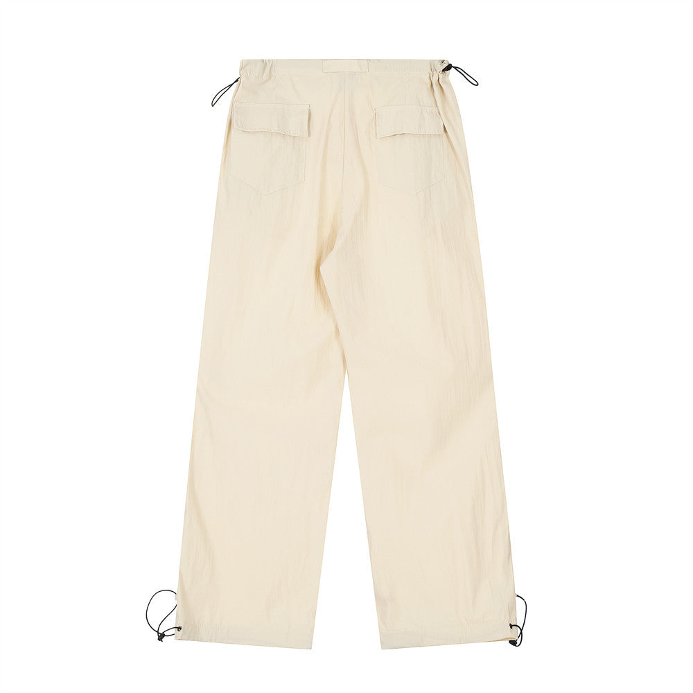Men's drawstring cargo pants, pale beige, relaxed straight legs with cargo patch pockets