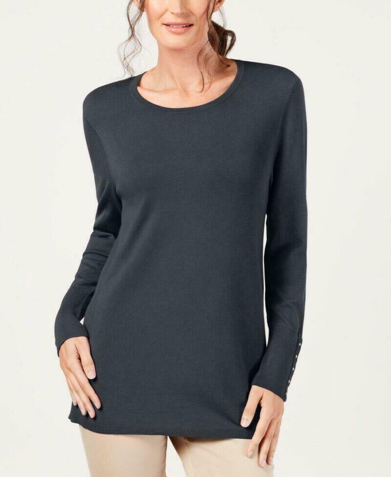 Women’s studded-cuff tunic sweater in dark gray, long sleeve with side button detail