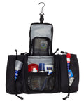 Black travel toiletry kit with hanging loop and mesh pockets for toiletries