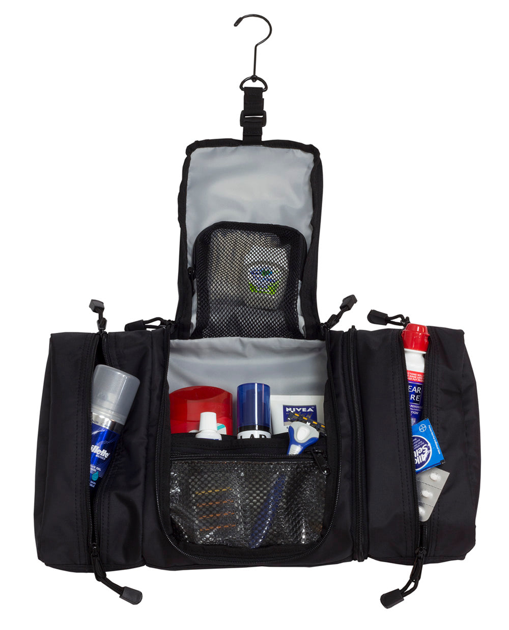 Black travel toiletry kit with hanging loop and mesh pockets for toiletries