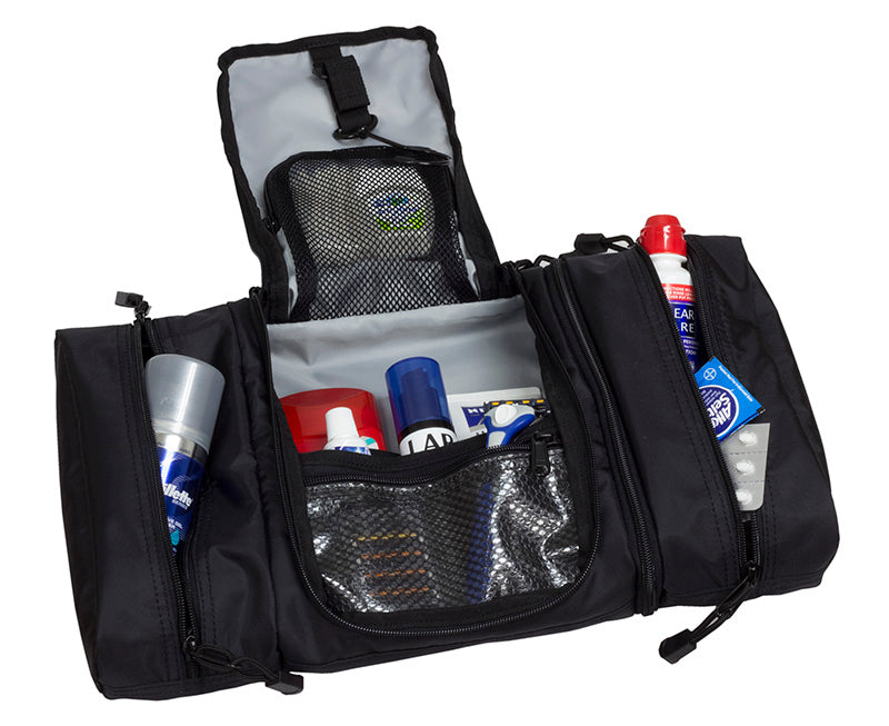 Opened black toiletry kit with organizer panels, mesh pocket, and hanging top