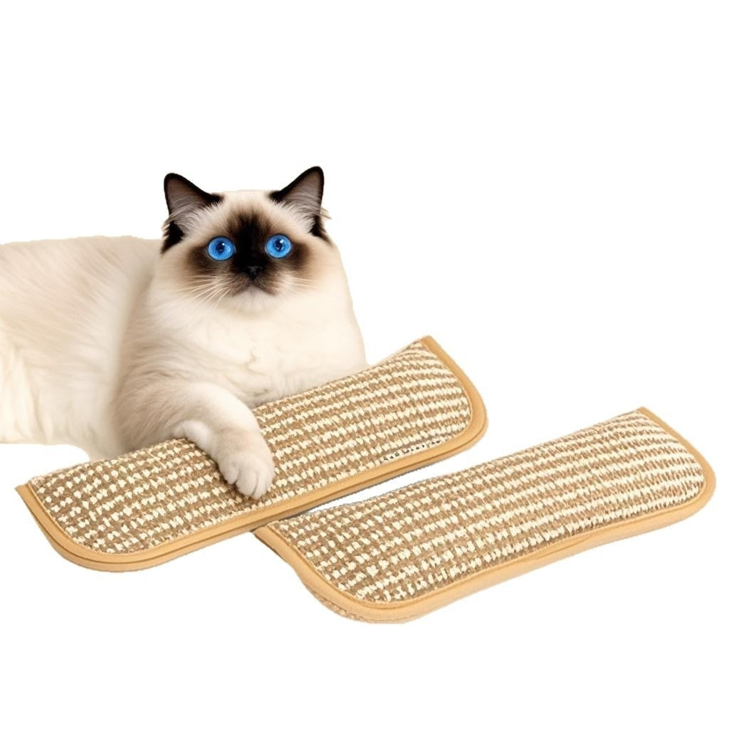 Two beige woven catnip chew pillows with cat facing them, long rectangular bolster design.