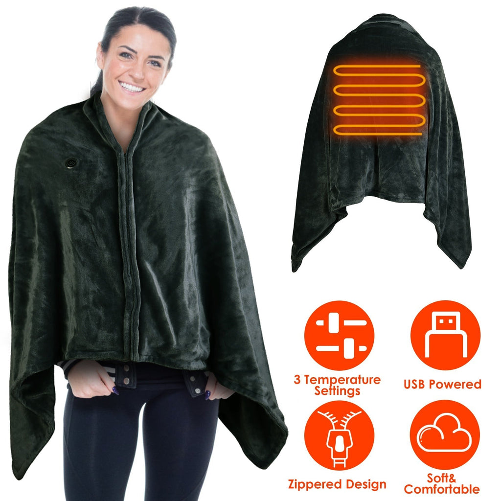 Hooded heated poncho, dark plush with zipper front, heating panel glow visible on back