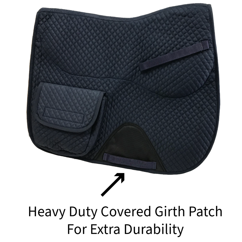 Navy English saddle pad with side pocket flaps and covered girth patch for durability
