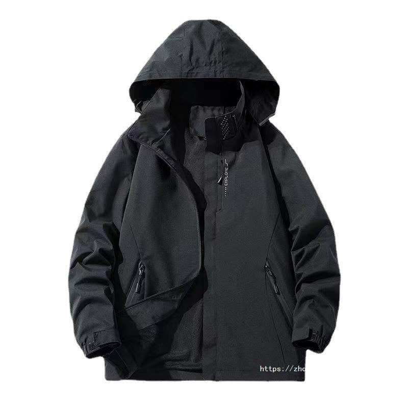 Men's windproof waterproof jacket, black, full-zip with hood and mesh-lined front vents