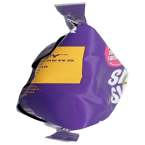 Smartsweets gummy worms candy pouch, purple and yellow front panel with pink badge