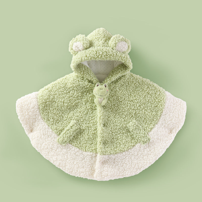 Light green sherpa hooded cape with bunny pocket detail and soft trim
