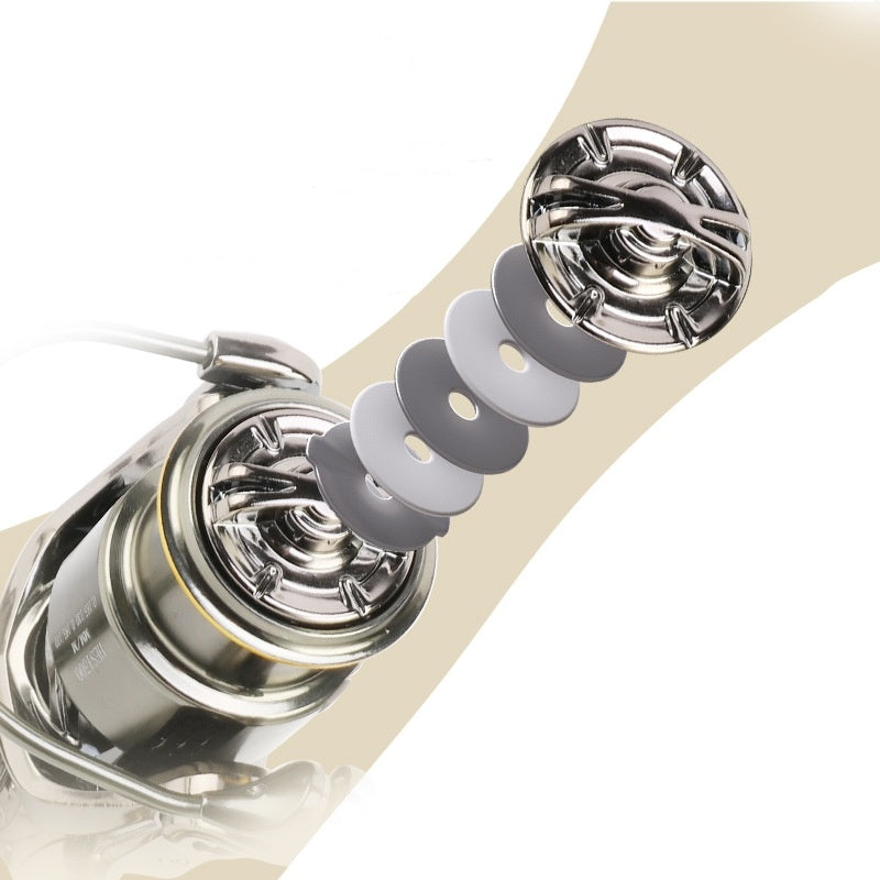 Spinning reel close-up showing chrome spool and grey disc drag washers.
