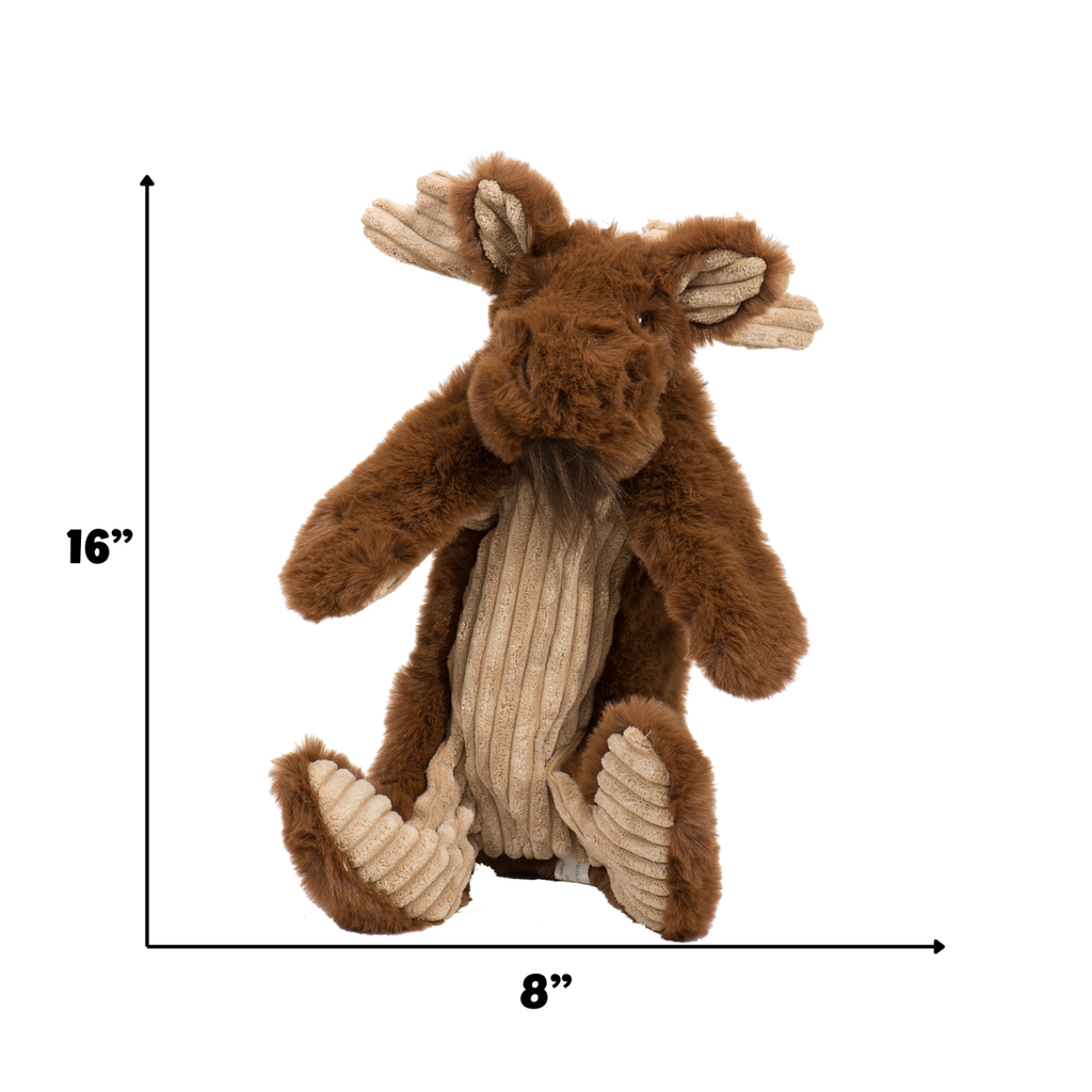 Maple Moose X-Brace plush dog toy, brown moose with cream fabric belly and hooves