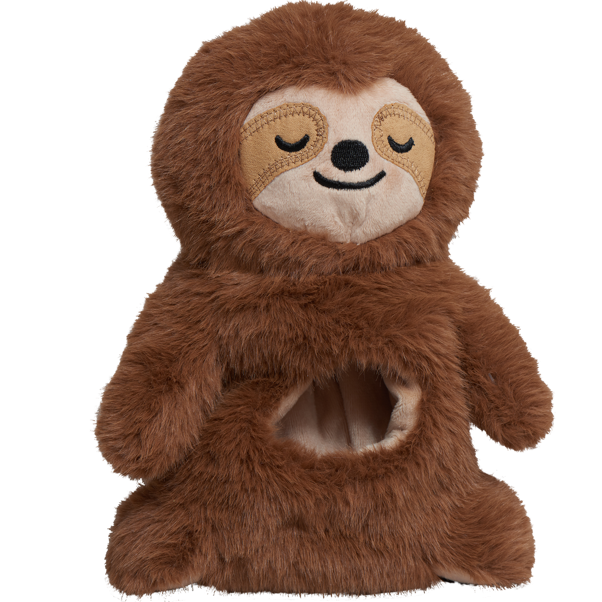 Close-up brown plush sloth enrichment toy with stitched face and open belly pocket