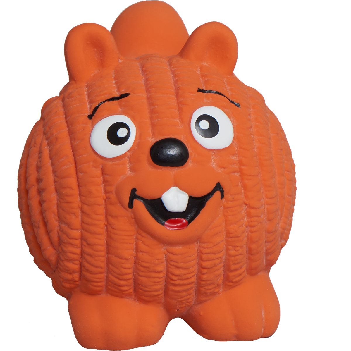 Orange plush squirrel toy with large eyes, black nose, and smiling mouth