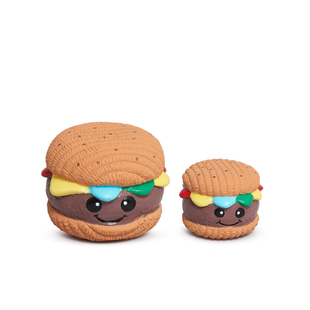 Hamburger Ruff-Tex latex ball dog toy, brown bun with colorful cheese and veggie toppings