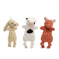 Assorted 3-pack plush dog toys in cream, white, and rust colors