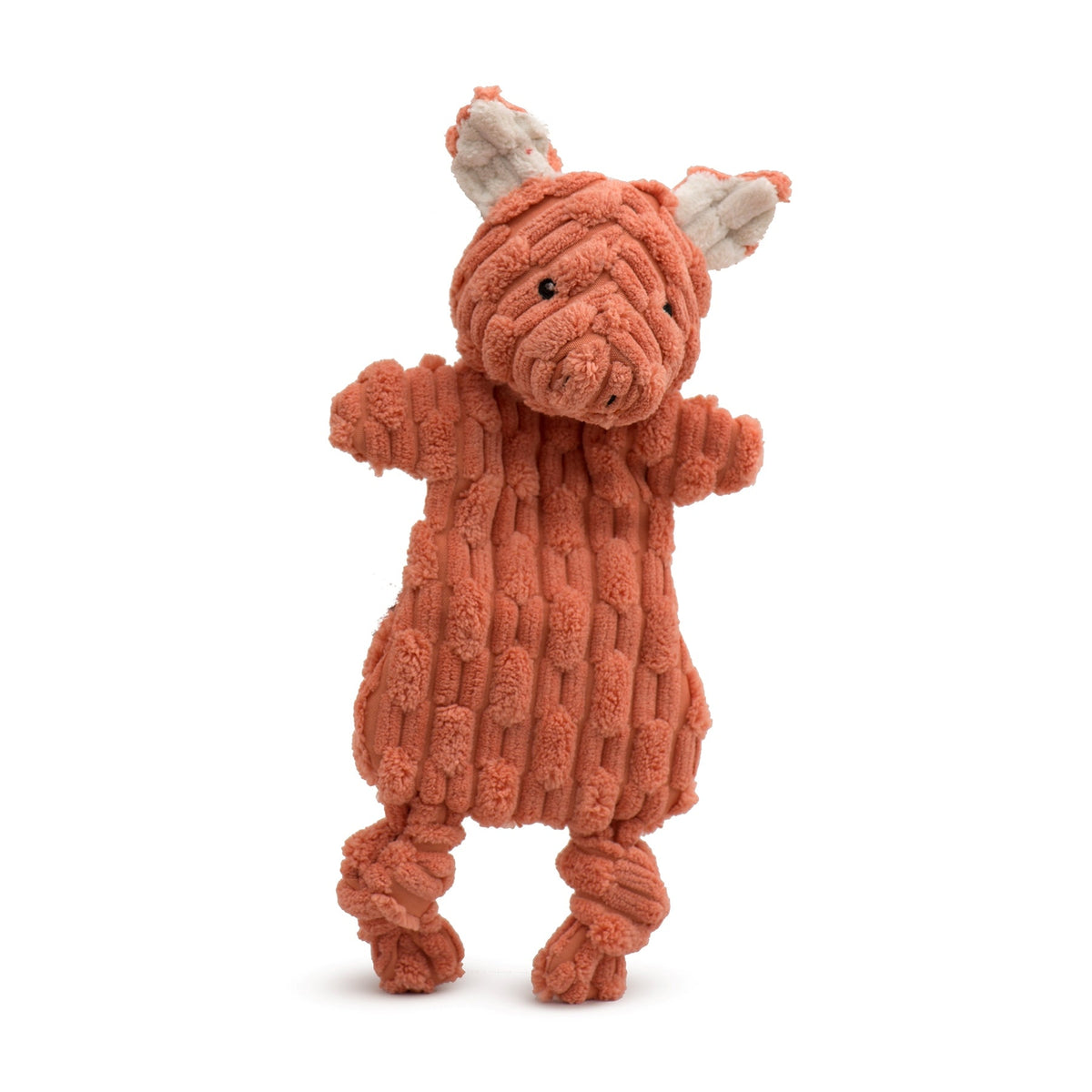 Rust orange plush dog toy with pig-like face and textured body