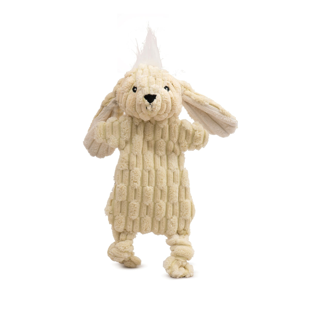 Cream plush dog toy with bunny-eared hood and textured fabric