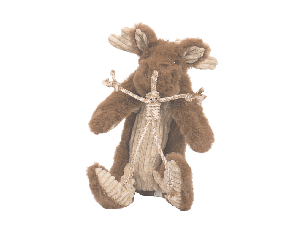 Maple Moose X-Brace plush dog toy, brown moose with cream accents and tied front