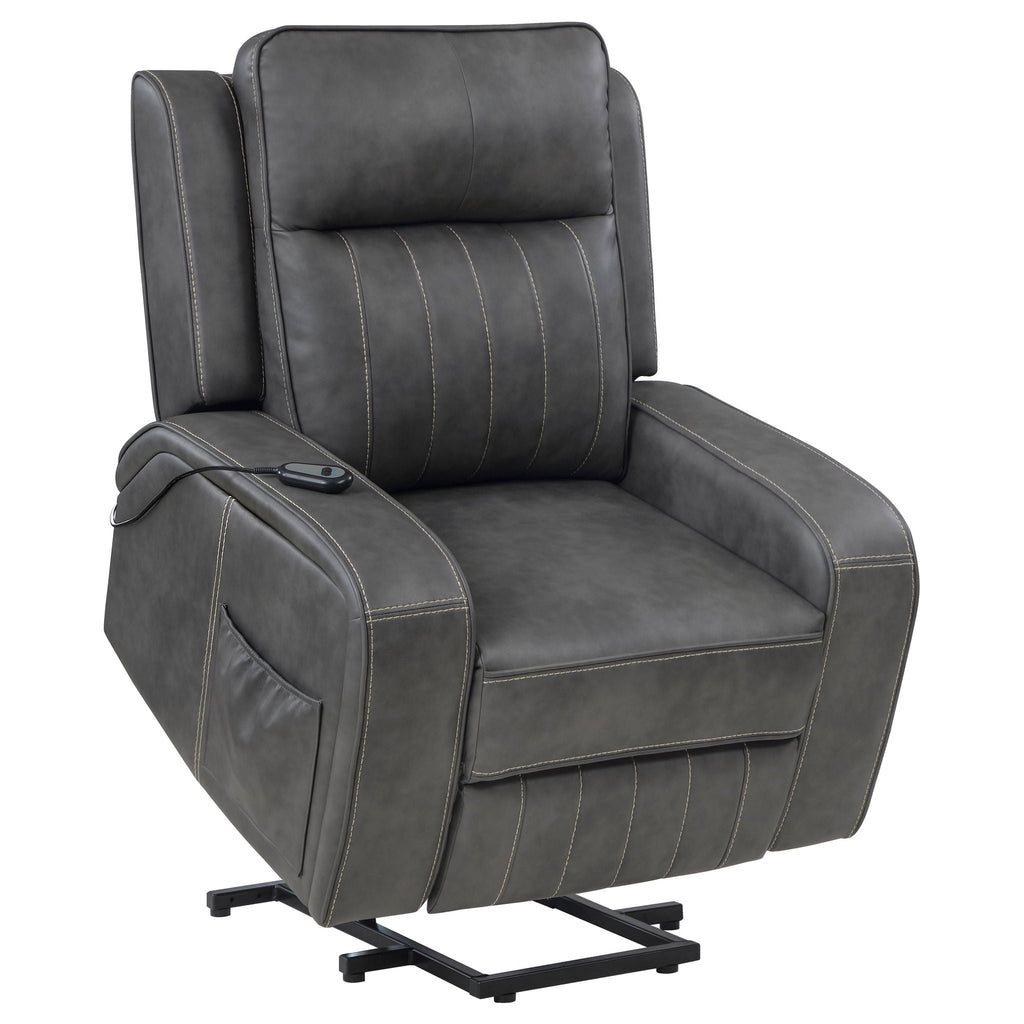 Gray upholstered power lift recliner chair with arm console and remote-control pocket