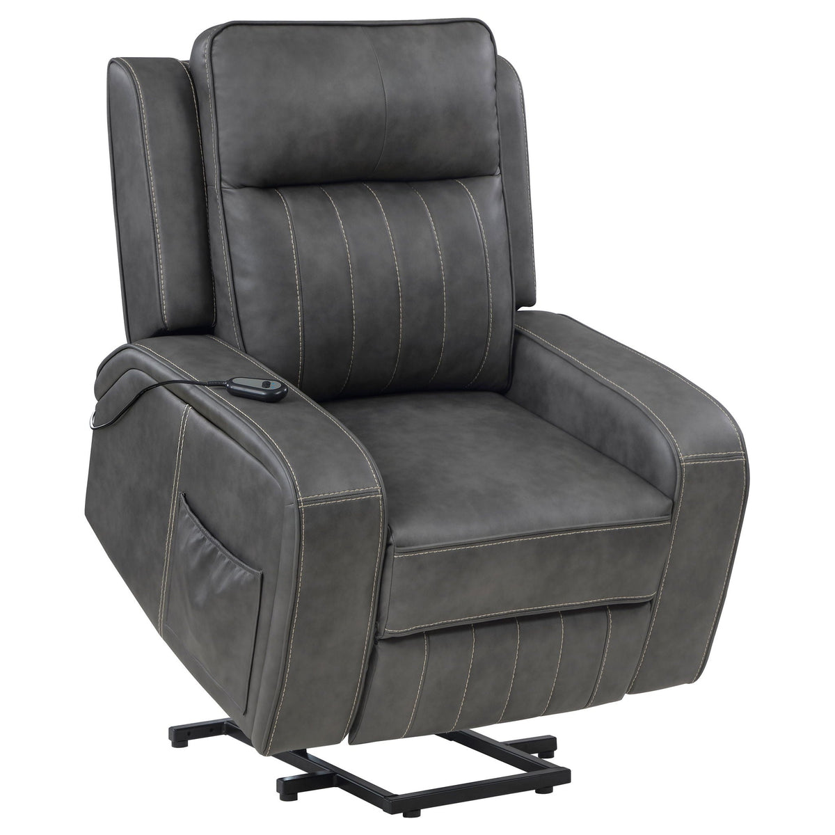 Gray upholstered power lift recliner chair with arm console and remote-control pocket