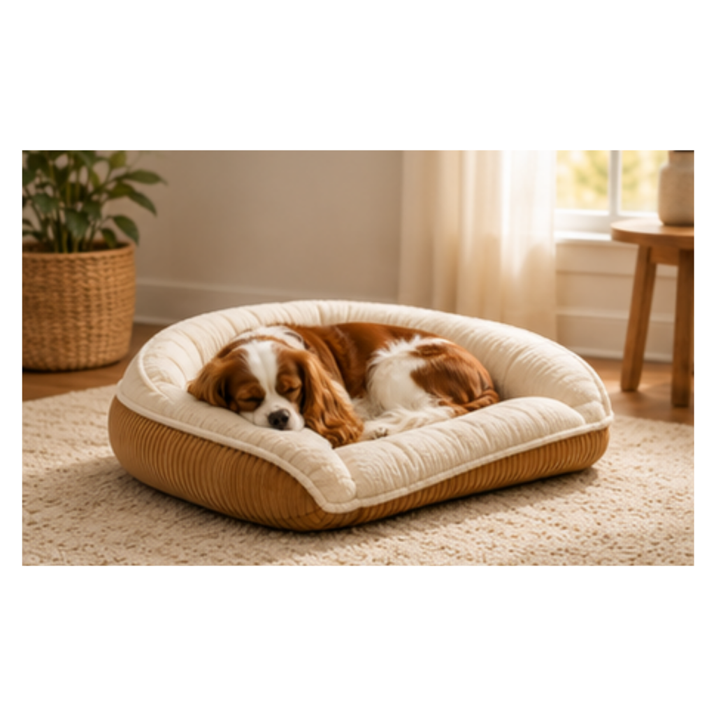 Bolster dog bed with cream plush top and rounded dark ribbed side bolster