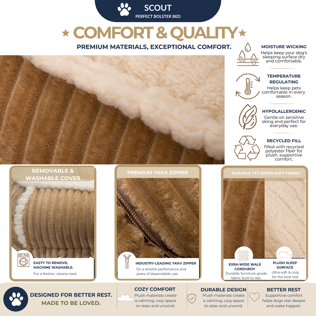 Bolster dog bed with cream plush top and dark ribbed side bolster