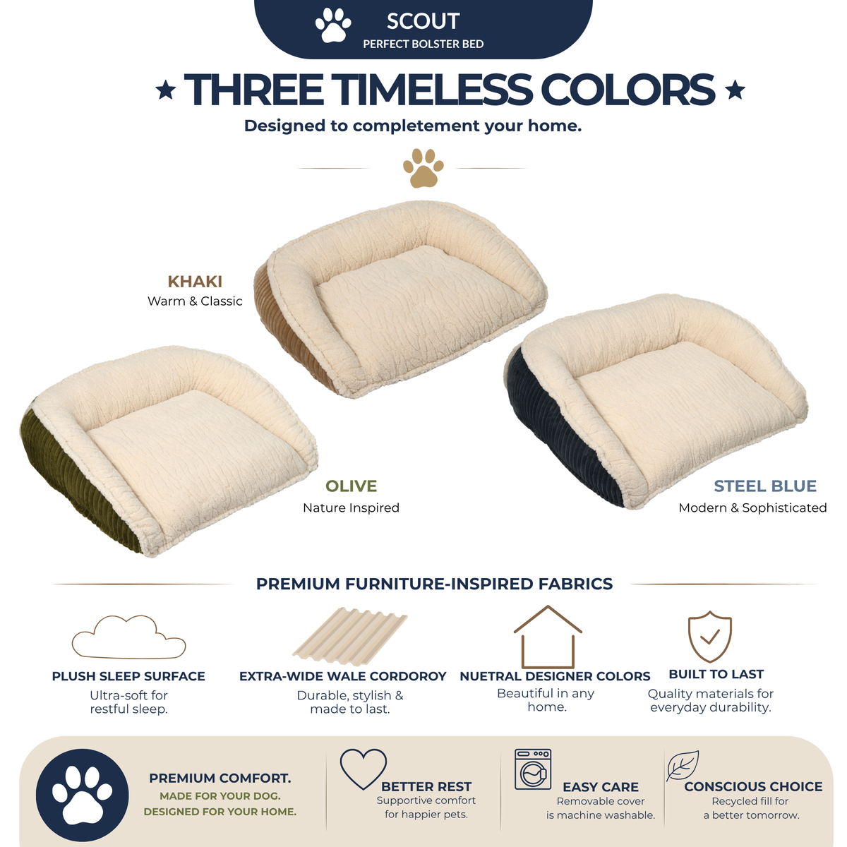 Bolster dog bed set in khaki, olive, and steel blue with cushioned bolster pads