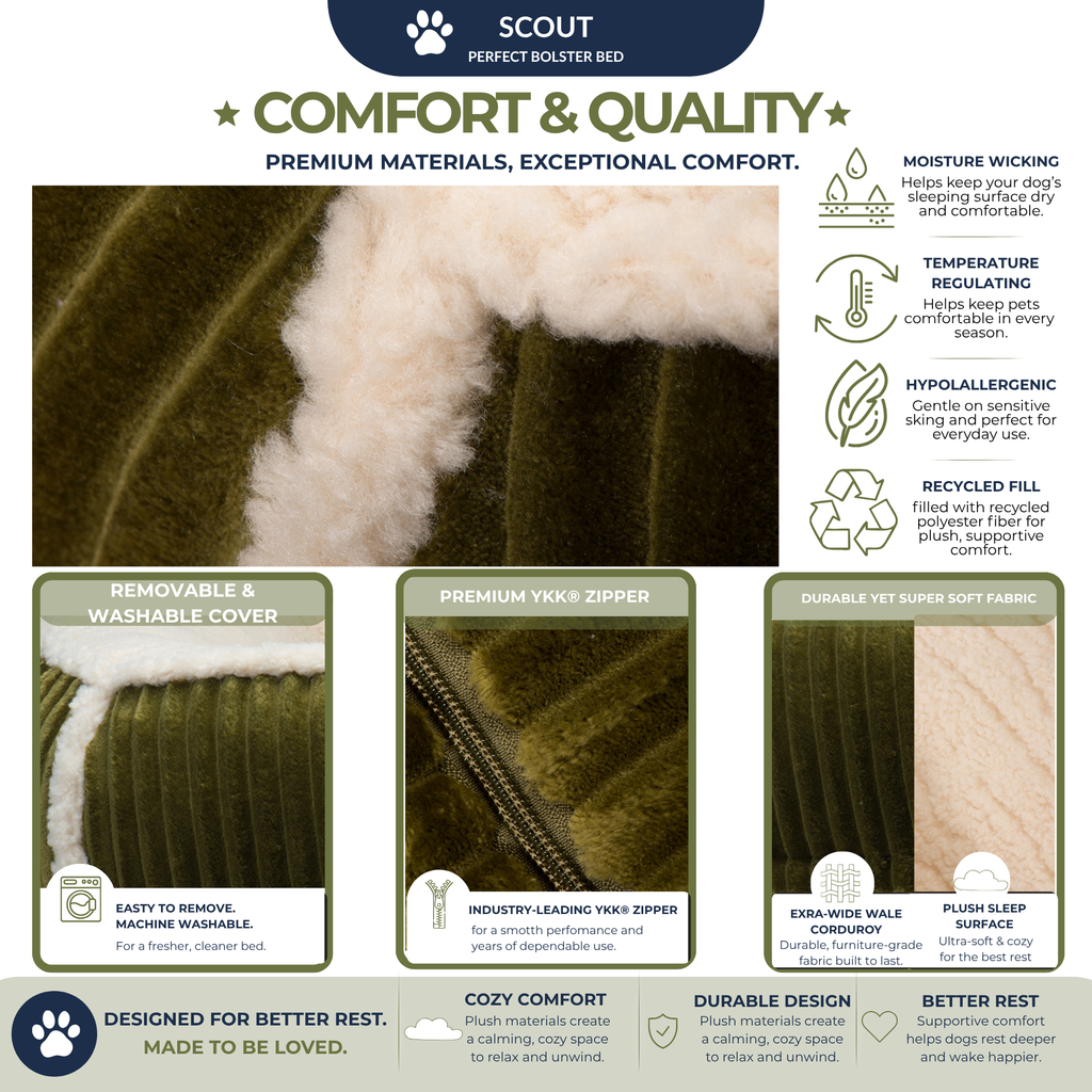 Dog bed cover close-up: cream plush lining with dark olive ribbed outer