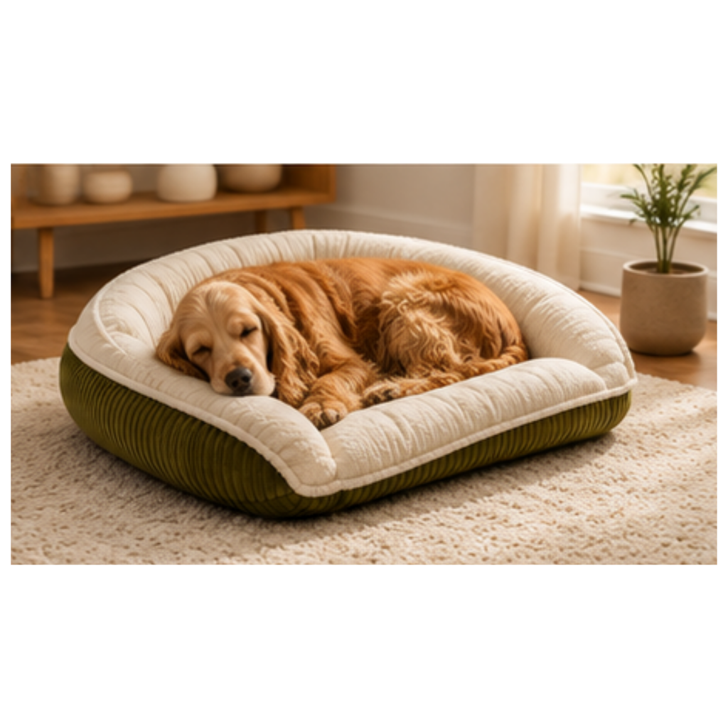 Bolster dog bed with cream plush top and olive-green ribbed side bolster