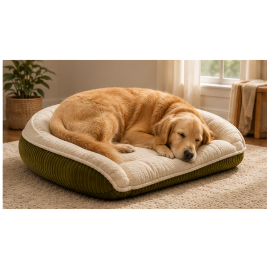 Bolster dog bed with cream plush top and olive-green ribbed side bolster