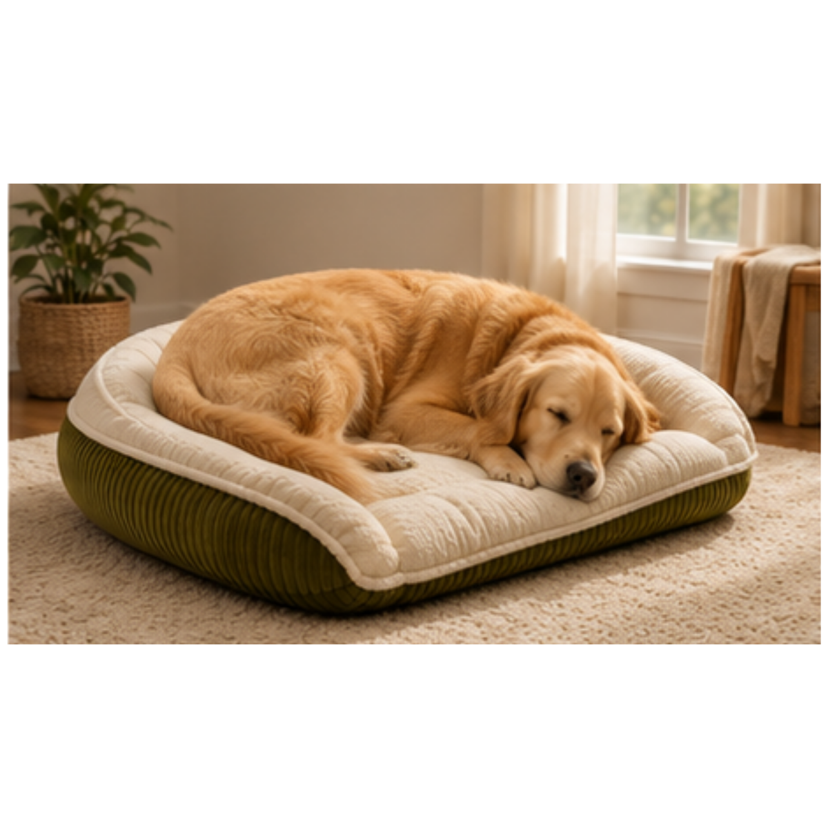 Bolster dog bed with cream plush top and olive-green ribbed side bolster