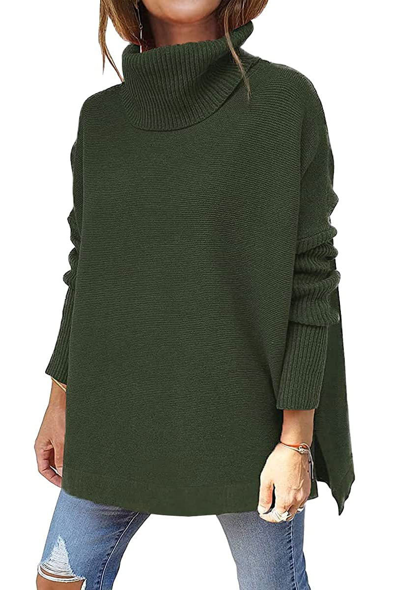Dark green ribbed knit turtleneck tunic sweater, batwing sleeves, side slit hem