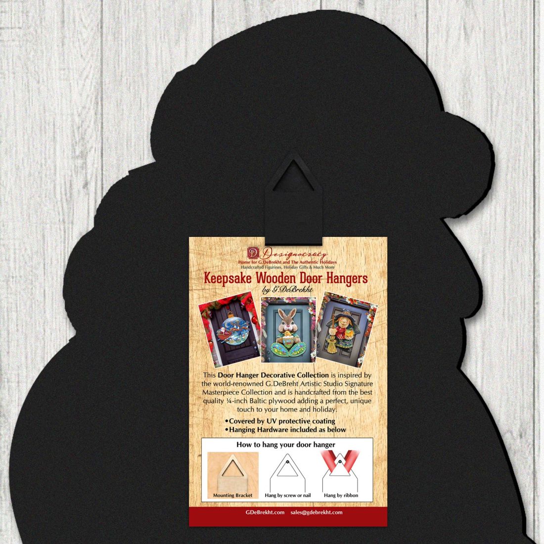 Black wooden door hanger keepsake silhouette with product information card insert
