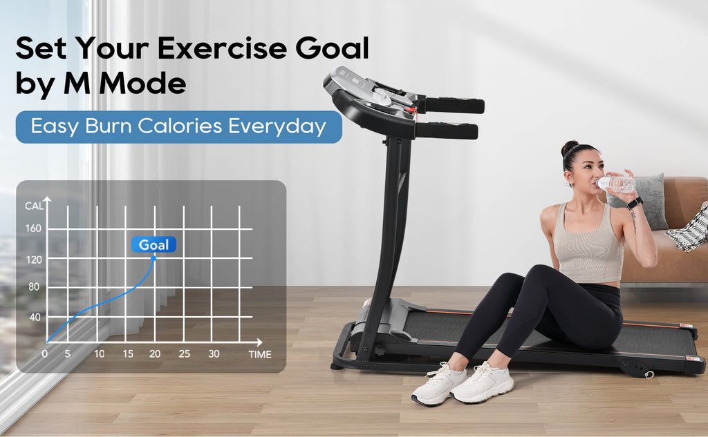 Black treadmill console with goal chart and running belt deck